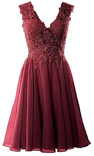 Beyonddress Damen Chiffon Abendkleider Elegant Kurz Spitze Brautjungfernkleider V-Ausschnitt Ballkleider Cocktailkleider(Burgund,44) von Beyonddress