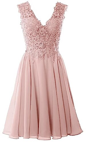 Beyonddress Damen Chiffon Abendkleider Elegant Kurz Spitze Brautjungfernkleider V-Ausschnitt Ballkleider Cocktailkleider(Erröten,36) von Beyonddress
