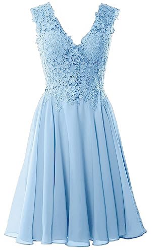 Beyonddress Damen Chiffon Abendkleider Elegant Kurz Spitze Brautjungfernkleider V-Ausschnitt Ballkleider Cocktailkleider(Himmelblau,38) von Beyonddress