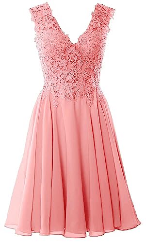 Beyonddress Damen Chiffon Abendkleider Elegant Kurz Spitze Brautjungfernkleider V-Ausschnitt Ballkleider Cocktailkleider(Koralle,38) von Beyonddress