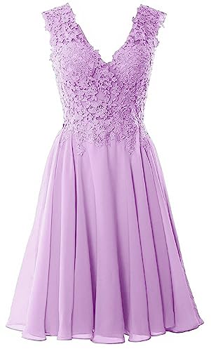 Beyonddress Damen Chiffon Abendkleider Elegant Kurz Spitze Brautjungfernkleider V-Ausschnitt Ballkleider Cocktailkleider(Lila,52) von Beyonddress
