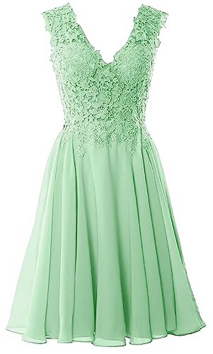 Beyonddress Damen Chiffon Abendkleider Elegant Kurz Spitze Brautjungfernkleider V-Ausschnitt Ballkleider Cocktailkleider(Minze,34) von Beyonddress