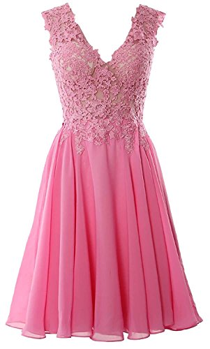 Beyonddress Damen Chiffon Abendkleider Elegant Kurz Spitze Brautjungfernkleider V-Ausschnitt Ballkleider Cocktailkleider(Rosa,34) von Beyonddress