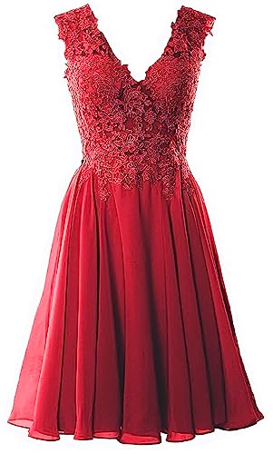 Beyonddress Damen Chiffon Abendkleider Elegant Kurz Spitze Brautjungfernkleider V-Ausschnitt Ballkleider Cocktailkleider(Rot,52) von Beyonddress