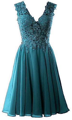 Beyonddress Damen Chiffon Abendkleider Elegant Kurz Spitze Brautjungfernkleider V-Ausschnitt Ballkleider Cocktailkleider(Teal,46) von Beyonddress