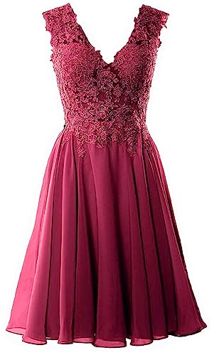 Beyonddress Damen Chiffon Abendkleider Elegant Kurz Spitze Brautjungfernkleider V-Ausschnitt Ballkleider Cocktailkleider(Weinrot,40) von Beyonddress