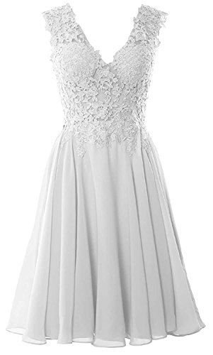 Beyonddress Damen Chiffon Abendkleider Elegant Kurz Spitze Brautjungfernkleider V-Ausschnitt Ballkleider Cocktailkleider(Weiß,34) von Beyonddress
