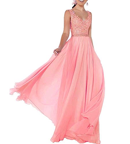 Beyonddress Damen Chiffon Abendkleider Lang Hochzeit V-Ausschnitt Brautkleid Ballkleider Brautjungfern Kleider(Koralle,34) von Beyonddress