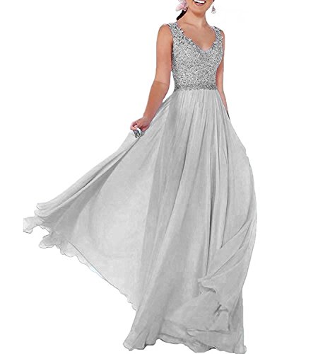 Beyonddress Damen Chiffon Abendkleider Lang Hochzeit V-Ausschnitt Brautkleid Ballkleider Brautjungfern Kleider(Silber,36) von Beyonddress