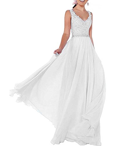 Beyonddress Damen Chiffon Abendkleider Lang Hochzeit V-Ausschnitt Brautkleid Ballkleider Brautjungfern Kleider(Weiß,36) von Beyonddress
