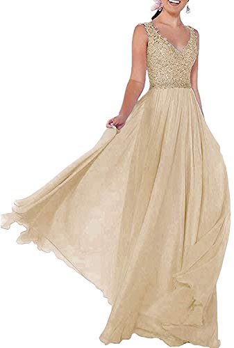Beyonddress Damen Chiffon Abendkleider V-Ausschnitt Elegant Spitze Ballkleid Hochzeit Brautjungfernkleider Brautkleider(Champagne,38) von Beyonddress