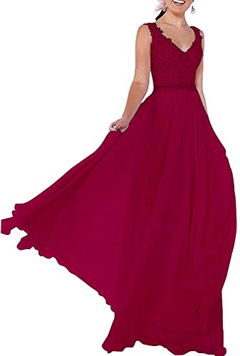 Beyonddress Damen Chiffon Abendkleider V-Ausschnitt Elegant Spitze Ballkleid Hochzeit Brautjungfernkleider Brautkleider(Weinrot,46) von Beyonddress