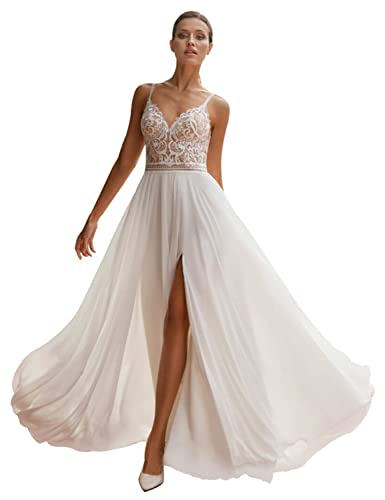 Beyonddress Damen Chiffon Brautkleider Hochzeitskleid Boho Spitze Appliques Hohe Split Brautmode Brautkleider(Elfenbein 06,40) von Beyonddress