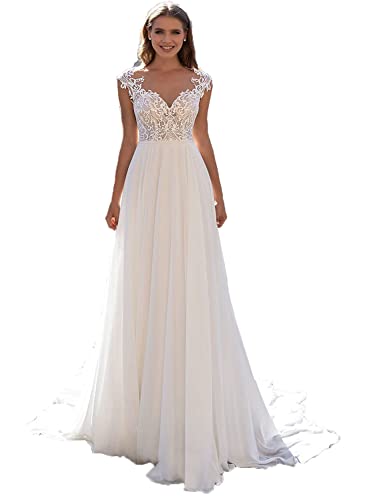 Beyonddress Damen Chiffon Brautkleider Spitze Appliques Lang Hochzeitskleid Boho Brautmode Brautkleider(Weiß 10,36) von Beyonddress