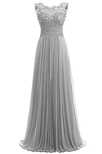 Beyonddress Damen Chiffon Perlstickerei Abendkleider Lange Elegant HochzeitsKleid Spitze Cocktailkleider(Silber,44) von Beyonddress