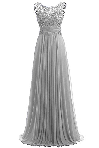 Beyonddress Damen Chiffon Perlstickerei Abendkleider Lange Elegant HochzeitsKleid Spitze Cocktailkleider(Silber,46) von Beyonddress
