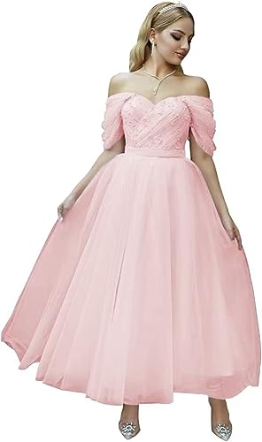 Beyonddress Damen Schulterfrei Abendkleider Mit Perlen Tea-Länge Tüll Ballkleider Elegant Formelle Kleider(Rosa,34) von Beyonddress