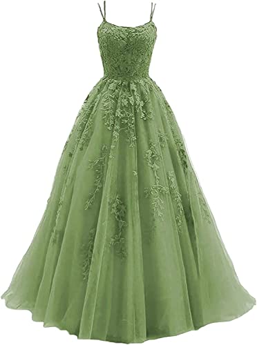 Beyonddress Damen Spitze Appliques Abendkleider Ballkleider Lange Spaghetti Strap Tüll Formales Kleid für Party(Grasgrün,38) von Beyonddress