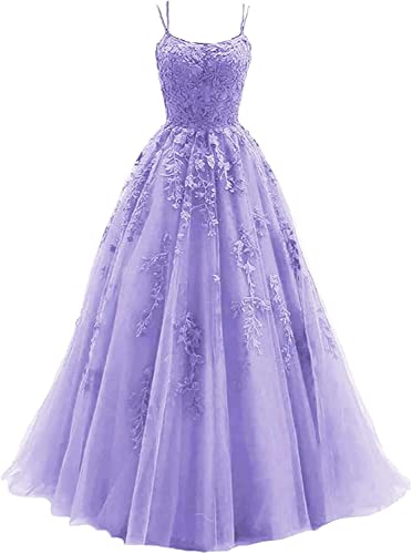 Beyonddress Damen Spitze Appliques Abendkleider Ballkleider Lange Spaghetti Strap Tüll Formales Kleid für Party(Lavendel,34) von Beyonddress