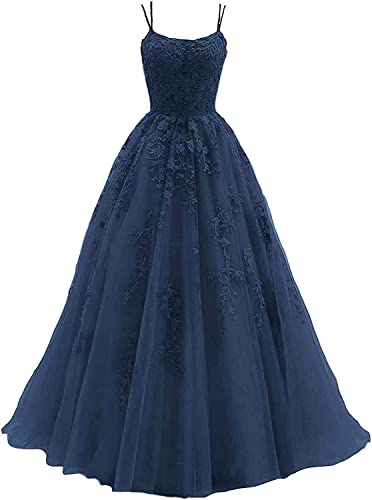 Beyonddress Damen Spitze Appliques Abendkleider Ballkleider Lange Spaghetti Strap Tüll Formales Kleid für Party(Navy Blau,42) von Beyonddress