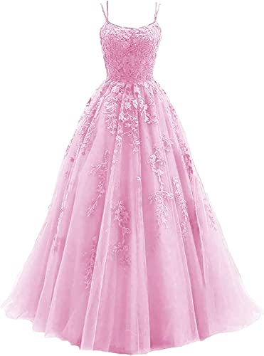 Beyonddress Damen Spitze Appliques Abendkleider Ballkleider Lange Spaghetti Strap Tüll Formales Kleid für Party(Rosa,42) von Beyonddress