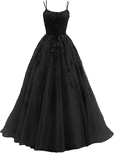 Beyonddress Damen Spitze Appliques Abendkleider Ballkleider Lange Spaghetti Strap Tüll Formales Kleid für Party(Schwarz,36) von Beyonddress