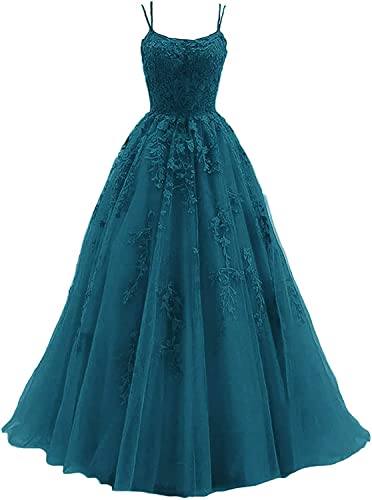 Beyonddress Damen Spitze Appliques Abendkleider Ballkleider Lange Spaghetti Strap Tüll Formales Kleid für Party(Teal,34) von Beyonddress