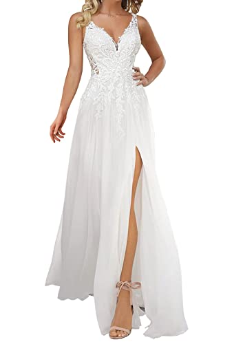 Beyonddress Damen Spitze Brautkleider Hochzeitskleid Elegant Lange V-Ausschnitt Chiffon Appliques Brautmode Brautkleider für Braut von Beyonddress