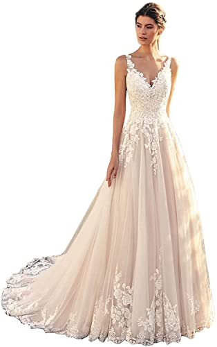 Beyonddress Damen Spitze Brautkleider Hochzeitskleid Elegant Lange V-Ausschnitt Tüll Appliques Brautmode Brautkleider für Braut von Beyonddress