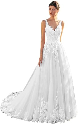 Beyonddress Damen Spitze Brautkleider Hochzeitskleid Elegant Lange V-Ausschnitt Tüll Appliques Brautmode Brautkleider für Braut von Beyonddress