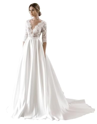 Beyonddress Damen Spitze Brautkleider Hochzeitskleid Langarm Satin Brautmode Brautkleider V-Ausschnitt(Elfenbein 06,52) von Beyonddress