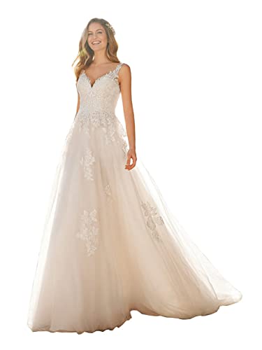 Beyonddress Damen Spitze Brautkleider Hochzeitskleid Prinzessin Lange V-Ausschnitt Tüll Appliques Brautmode Brautkleider für Braut von Beyonddress