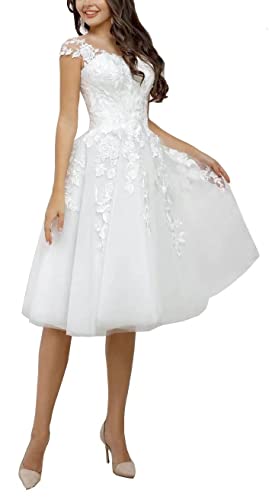 Beyonddress Damen Spitze Brautkleider Kurz Hochzeitskleid Appliques Standesamt Brautmode Brautkleider(Elfenbein) von Beyonddress