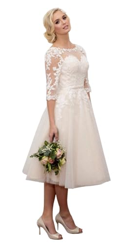 Beyonddress Damen Spitze Brautkleider Kurz Hochzeitskleid Appliques Standesamt Brautmode Brautkleider(Elfenbein) von Beyonddress