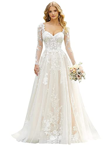 Beyonddress Damen Spitze Hochzeitskleid Brautkleider Langarm Appliques Standesamt Brautmode Brautkleider(Weiß 01,36) von Beyonddress