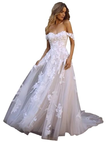 Beyonddress Damen Spitze Tüll Brautkleider Hochzeitskleider V-Ausschnitt Applique Brautkleider für Braut von Beyonddress