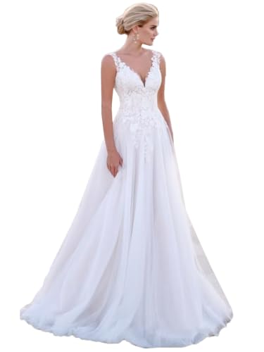 Beyonddress Damen Strand Chiffon Brautkleider Hochzeitskleid V-Ausschnitt Spitze Appliques Brautmode Brautkleider für Braut,Ivory,DE36 von Beyonddress