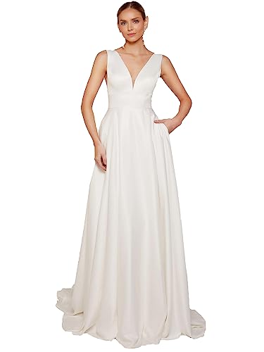 Beyonddress Damen Strand Satin Brautkleider Hochzeitskleid V-Ausschnitt Brautmode Brautkleider für Braut von Beyonddress