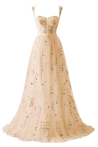 Beyonddress Damen Tüll Abendkleider mit Blumenstickerei Sweetheart Hals Formelle Party Ballkleider(A-Champagne,44) von Beyonddress