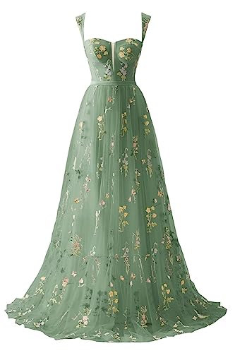 Beyonddress Damen Tüll Abendkleider mit Blumenstickerei Sweetheart Hals Formelle Party Ballkleider(A-Grün,36) von Beyonddress