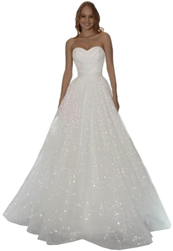 Frauen Sparkle Tüll Brautkleider für Braut Flowy A-Linie Hochzeitskleid mit Schleife Trägerlos Strand Brautkleid Elfenbein 03,DE38 von Beyonddress