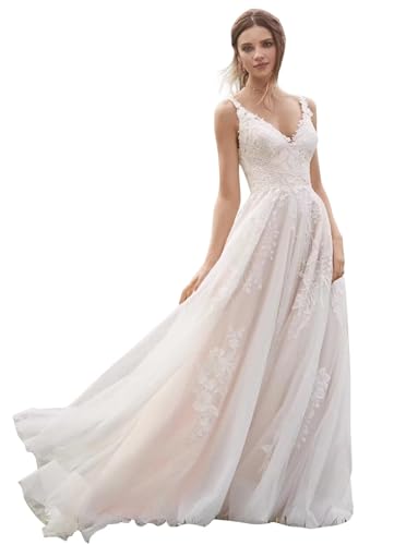 Beyonddress Damen Tüll Prinzessin Brautkleider Hochzeitskleid Elegant Lang Appliques Rückenlos Brautmode Brautkleider(Elfenbein 05,32) von Beyonddress