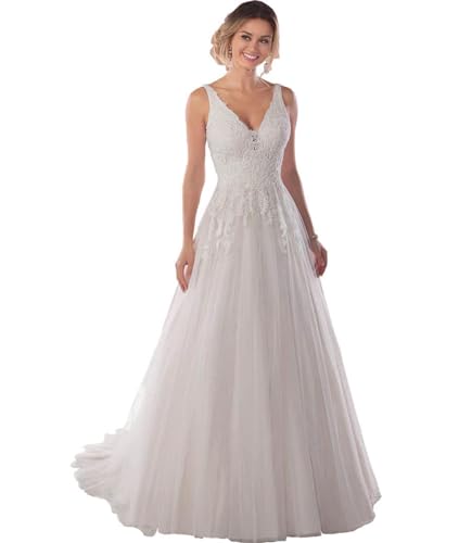 Beyonddress Damen Tüll Prinzessin Brautkleider Hochzeitskleid Elegant Lang Appliques Rückenlos Brautmode Brautkleider(Elfenbein 05,52) von Beyonddress