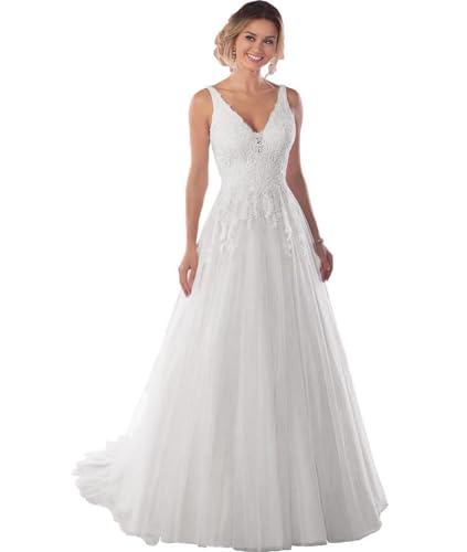 Beyonddress Damen Tüll Prinzessin Brautkleider Hochzeitskleid Elegant Lang Appliques Rückenlos Brautmode Brautkleider(Weiß 05,50) von Beyonddress