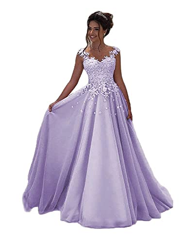 Beyonddress Damen Tulle Abendkleider Lang Hochzeit Spitze Prinzessin Ärmellos Brautkleid Ballkleider(Lavendel,48) von Beyonddress