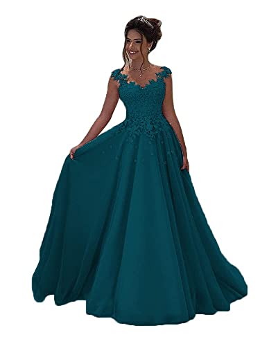 Beyonddress Damen Tulle Abendkleider Lang Hochzeit Spitze Prinzessin Ärmellos Brautkleid Ballkleider(Teal,48) von Beyonddress