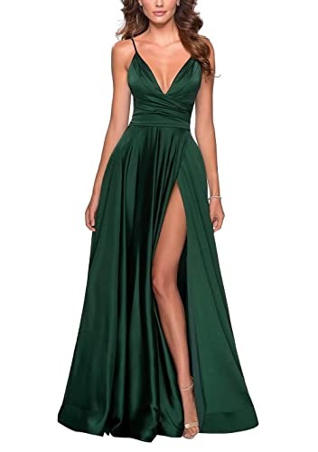 Beyonddress Damen V-Ausschnitt Abendkleider Elegant Lang Satin Ballkleid Brautjungfernkleider Split Abschlussballkleid(Grün,38) von Beyonddress