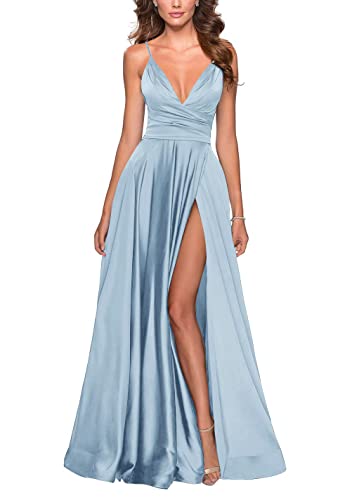Beyonddress Damen V-Ausschnitt Abendkleider Elegant Lang Satin Ballkleid Brautjungfernkleider Split Abschlussballkleid(Hellblau,36) von Beyonddress