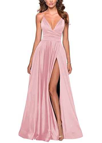 Beyonddress Damen V-Ausschnitt Abendkleider Elegant Lang Satin Ballkleid Brautjungfernkleider Split Abschlussballkleid(Rosa,40) von Beyonddress
