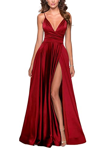 Beyonddress Damen V-Ausschnitt Abendkleider Elegant Lang Satin Ballkleid Brautjungfernkleider Split Abschlussballkleid(Weinrrot,36) von Beyonddress
